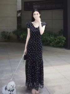 VKSOD | ชุดเดรสคอวีลายจุดสไตล์เกาหลีสำหรับผู้หญิง ชุดเดรสยาวเอวสูง แขนสั้น กระโปรงทรงเอ ชุดเดรสยาวคลุมเข่า