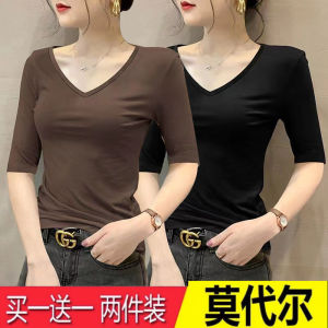 เสื้อยืดคอวีแขนสั้นผ้าโมดอลสำหรับผู้หญิง เสื้อเชิ้ตทรงเข้ารูป แขนสั้น 5 ส่วน ฤดูใบไม้ผลิและฤดูร้อน 2025 ใหม่ เสื้อชั้นในที่สวมใส่ได้หลากหลาย