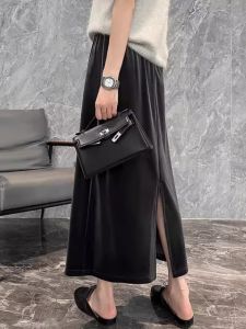 Gold Velvet Skirt Female 2024 Fall and Winter New Arrival K-style Back Slit Straight Skirt High Waist Drooping Slimming Long Dress