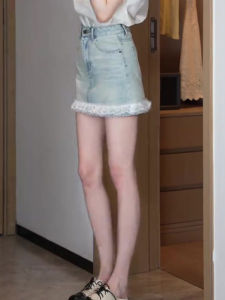 Váy Ngắn Denim Cạp Cao Họa Tiết Ren Cho Nữ Mùa Hè 2025 Váy Ngắn Chữ a Màu Trơn Bằng Vải Tổng Hợp Cổ Điển Phong Cách Công Sở