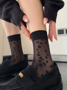 Spring Summer Thin Leopard Print Socks Womens Mid-Calf Thin Style Home Comfortable Breathable Fashionable with Small Leather Shoes