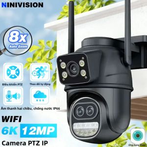 Camera IP Wifi Giám Sát Ngoài Trời Thông Minh ICsee PTZ 6K 12MP Zoom 8X Màn Hình Kép Ba Ống Kính Tự Động Theo Dõi