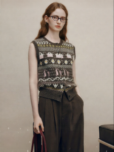 FAMANXUAN | Jacquard Color Block Wool Knitted Waistcoat Open Cardigan