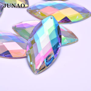 JUNAO 30*62mm Sew On Large Crystal AB Rhinestone Sewing Horse Eye Acrylic Stones Appliques Flat Back Strass Diamond
