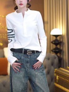 Spring 2025 Snake Year Embroidered Long Sleeve Casual Womens T-shirt Slimming Design Trendy Top Cotton round Neck Regular Length