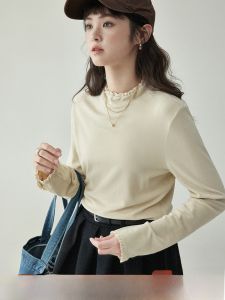 North Island AMUU Original Korean Style Long Sleeve T-Shirt Womens Base Layer Double-Sided Velvet Top Lace Trim Half High Collar