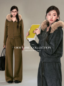 OIOI ESSE | Bộ Đồ Hoodie Lót Nỉ Có Cổ Lông Quần Ống Dài