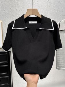 Slimming Loose Knitted Short Sleeve T-Shirt Womens Summer Thin Age-Defying Belly Covering Top Korean Style Commute Wind