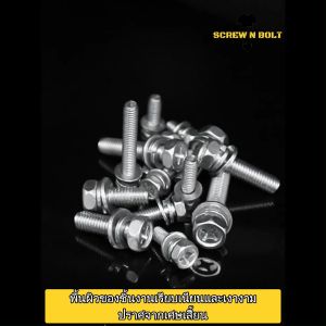 น็อต สกรู หัวหกเหลี่ยม แฉก สวมแหวน อีแปะ+สปริง สแตนเลส 304 เกลียวมิล หยาบ M3 M4 M5