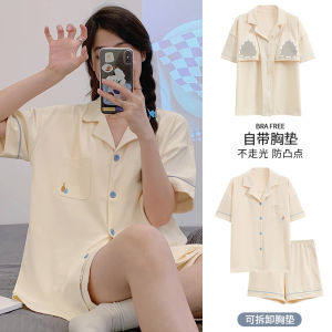 ชุดนอนผู้หญิงคอตตอนแท้แขนสั้นฤดูร้อนพร้อมแผ่นเสริมหน้าอกชุดนอนลำลองสีม่วงอ่อน ชุดนอนผู้หญิงฤดูร้อน