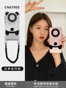 Cute Panda Ear Phone Case Crossbody Transparent Full Cover for Honor Huawei Mate60 pro Mate50 Mate40 Magic5 pro with Hand Strap Creative