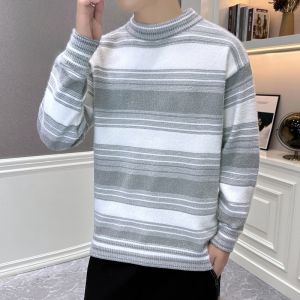 ROMON | Lormen Mens Thickened Half-High Collar Knitted Sweater Winter New Style Youth Loose Fit Stripe Base Shirt Fashion Urban Casual