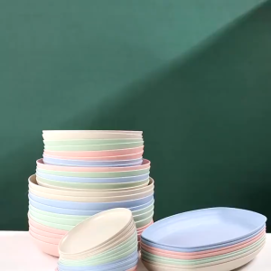 6pcs/set Wheat Straw Tableware Round Saucer Plate Dried Fruit Snack Plate Color Random