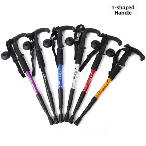 Titanium Alloy Outdoor Climbing Cane Anti-slip Straight Handle Skiing Four Section Extendable Foldable Ultra-light Hiking Mountain Climbing Cane
