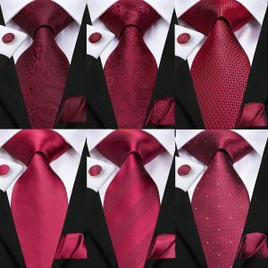 Mens Gift Tie Set Red Wine Burgundy Paisley Wedding Floral Maroon NeckTie For Men Fashion Design Hanky Cufflinks silk Business
