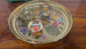 Decorative Brass Peacock Embossed Pooja Thali Set – 1 Plate 1 Bowl 1 Diya & 1 Incense Stand | Temple & Home Pooja Gift | 8 Inches Pack of 1 pc