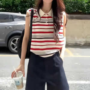plus Size Polo Neck Sleeveless Knitted Sweater Women Summer Slimming Concealing Collar Vest Top Striped Pattern Korean Style