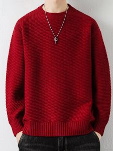 HENGYUANXIANG | เสื้อสเวตเตอร์ถักคอปกกลมหนาสำหรับผู้ชาย สีแดง เสื้อสเวตเตอร์ถักแบบสวมหัว ทรงหลวม ผ้าผสมโพลีเอสเตอร์และไนลอน ทรงหลวม สวมใส่สบาย