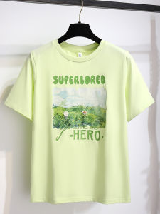 เสื้อยืดคอกลมแขนสั้นผ้าฝ้ายแท้หลวมๆ ทรงหลวมๆ สำหรับผู้หญิงในช่วงฤดูร้อน เสื้อผ้าทำงานสไตล์เกาหลี ลายพิมพ์ดอกไม้