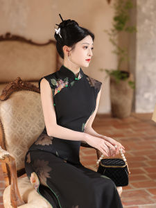 Elegant Black Sleeveless Cheongsam Maxi Dress Retro Chinese Style Daily Wear Slimming Long Gown Perfect for Summer 2025