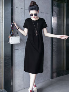 Váy Sơ Mi Cotton Màu Đen Đơn Giản Thoải Mái Mùa Hè 2025 Dáng Rộng Dài Tay Cổ Tròn Váy Công Sở Thường Ngày