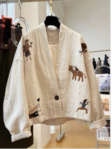 Elegant Heavy Embroidery Short Sleeve Womens Spring Autumn V-neck Cotton Linen Long Sleeve Outerwear Fashionable Commuting