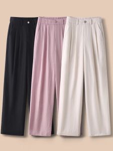 กางเกงขายาวทรงตรงผ้าลินินผสมเลซิร์ลสำหรับผู้หญิงในช่วงฤดูร้อน กางเกงขายาวทรงหลวมเอวยางยืด กางเกงขายาวผ้าลินินผสมคอตตอน