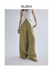 epoque de rueen | Linen Stripe Straight Wide Leg Womens Pants