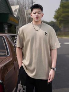 Trendy Plus Size Mens Summer Waffle Overweight Man Loose plus Size Jacquard Net Tape Half Sleeve Short Sleeve T-shirt