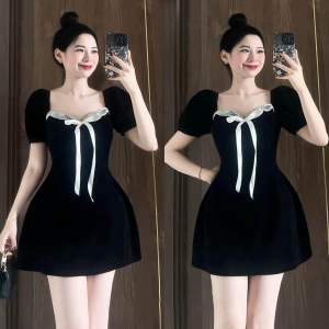 Đầm Nhung Big size cổ vuông tay bồng nơ ngực chán váy A. Váy Nhung thường mặc đẹp