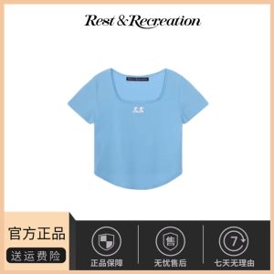 Slim Fit Short Sleeve Square Collar T-Shirt Rest&Recreation Casual Cotton Top for Women Summer 2024 Fashion Trend