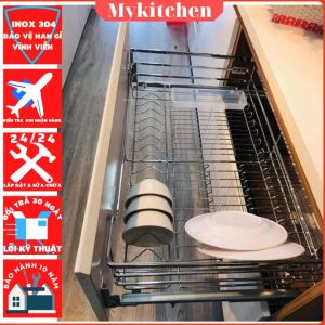 [Chính Hãng] Giá úp bát đĩa nan tròn Inox 304 kèm ray âm giảm chấn cao câp