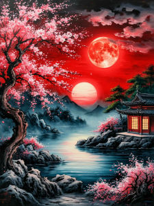 Huacan Full Square Round Drill Diamond Painting Red Moon Cherry Blossoms Diamond Mosaic Landscape Art Decorative Paintings