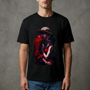 Bandai | Mens High - Quality Soft Fabric Anime T - Shirt One Piece Monkey D. Luffy & Boa Hancock Romantic Kiss Red Tone Graphic Print