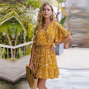 Casual V-Neck Printed Short Sleeve Dressv Collar Print Short Sleeve Dress