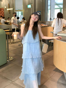 Elegant Blue Sweet Strapless Dress with Lace Trim High Waist A-Line Korean Style Long Sleeve Short Length Womens Dress