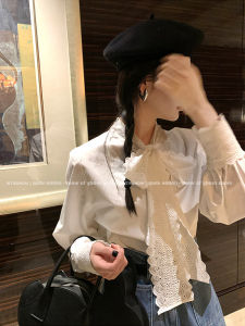 French Gentle Lace White Shirt Womens Spring & Fall Ribbon Butterfly Bow Tie Tops Bandage Dress Inner Wear Base Shirt Winter