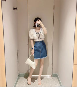 Spring Summer New round Neck Bubble Sleeve Slim Fit Color Block Short Knitted Open Cardigan Top Womens Fashion Commute Style