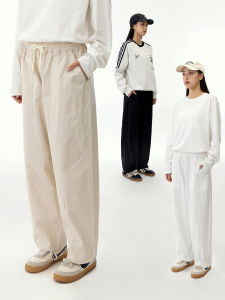 Mannstu Street Style Mens Casual Cotton Work Trousers Straight Leg Elastic Waist Long Pants Neutral Couples Loose Fit