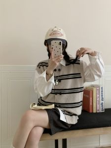 Oversize Striped Color Block Double Breasted Knitted Vest Womens Autumn Fashion Loose Sleeveless Cardigan Layering Trendy