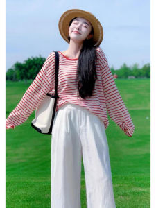 YUEZHONGWEI | Red Striped Long Sleeve T-Shirt Women Summer Thin Air Conditioner Outerwear Loose Dopaamine Matching Top Korean Style Commute