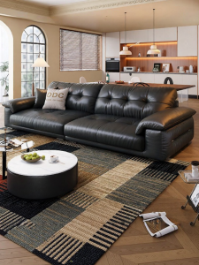 Italian Mid-Century Bauhaus Style Black Top-grain Leather Straight Row Sofa