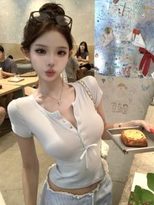 GUZILIAN | Spicy Girl Slim Fit V-neck Short Sleeve T-shirt With Wood Grain Edge Super Sweet Splicing Blue Stripes Loose Casual Pants Summer Two-piece Set