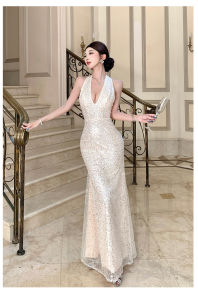 Stunning Evening Gown Deep V Neck Bridal Dress Sparkling Sequin Skirt Birthday Anniversary Ball Gown Womens Slim Fit V Neck Dress