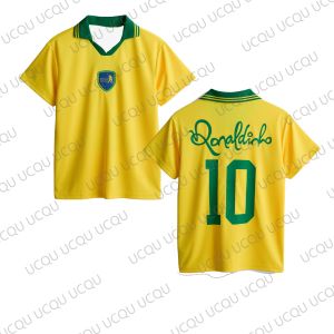 Ronaldinho 10 Brazil Kids Soccer Jersey Yellow Green Retro Football Shirt Boys Girls Fan Top Summer Sportswear Gift