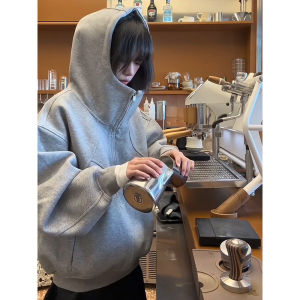 American Style Heavyweight Oversized Jacket Womens Fleece Lined Thick Autumn Winter New High End Feel Connected Hood Grey Sweatshirt