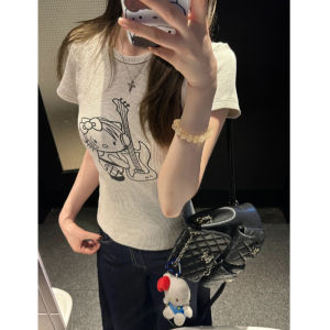 YUEZHONGWEI | Retro American Cat Print Round Neck Short Sleeve T-Shirt Women Summer Design Slim Fit Short Length Top Commute Style Korean Version