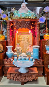 Combo Bộ bàn thờ ngang 48cm trụ gỗ xoan [đá hoa cương màu xanh]