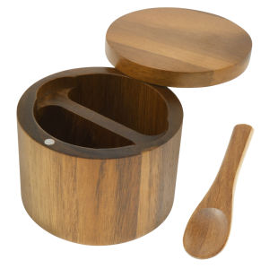 Salt Seasoning Jars Pepper Jar Wooden Condiment Box Bowl Storage Pot with Spoon and Magnetic Swivel Lids Salt Cellar for Kitchen