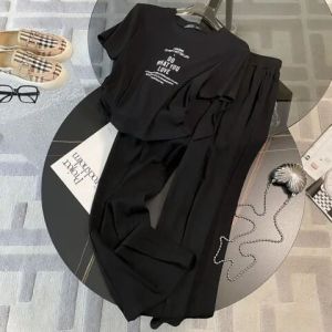 Casual Summer Short Sleeve Thin Wide Leg Pants Two Piece Set for Women Fashionable Sporty Look Polyester Spandex Blend round Neck
